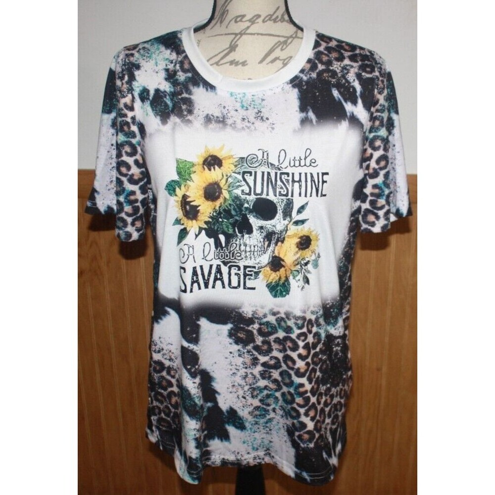 A Little Sunshine A Little Savage Bleached & Sublimated Graphic T-Shirt Sz M New